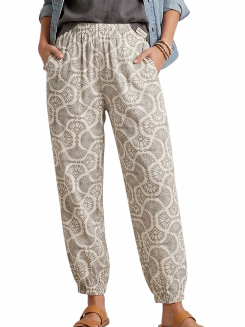 Olivaceous Cream and Gray Printed Lounge Pants 100% Cotton Size Small